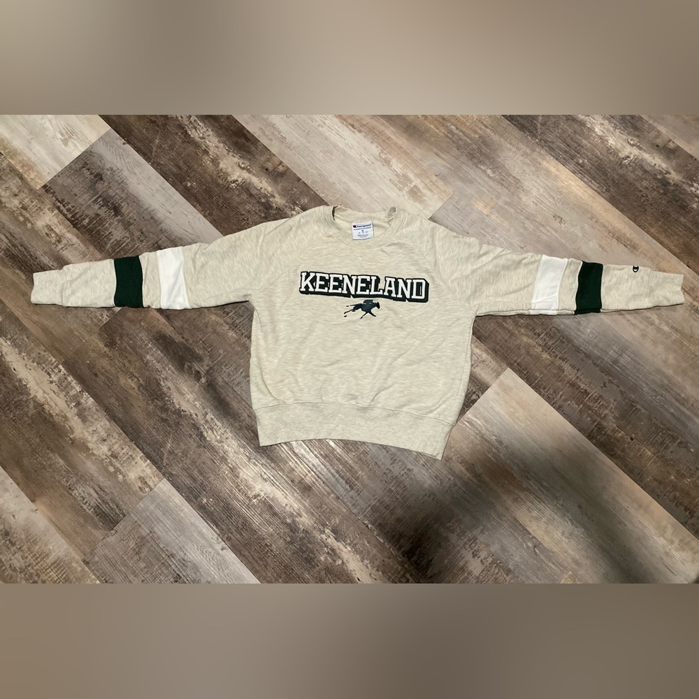 Champion Beige Crewneck Sweatshirt with Green & White Sleeve Stripes - Keeneland